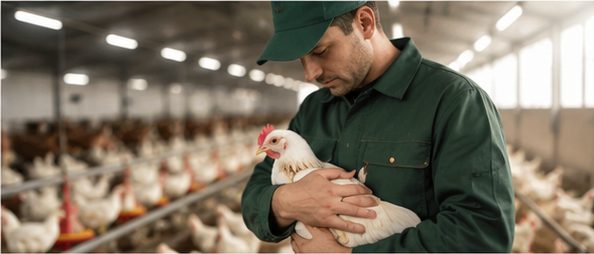 Paolo Belmonte in divisa verde tiene in braccio una gallina bianca dentro il ricovero