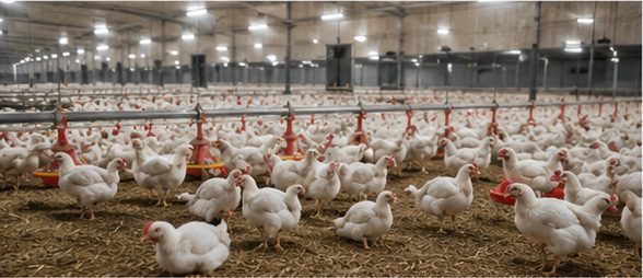 L'interno luminoso di un ricovero: galline bianche libere sulla lettiera tra abbeveratoi rossi