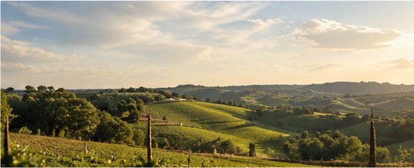 Le colline verdi della tenuta al tramonto, con i pascoli recintati che degradano verso valle